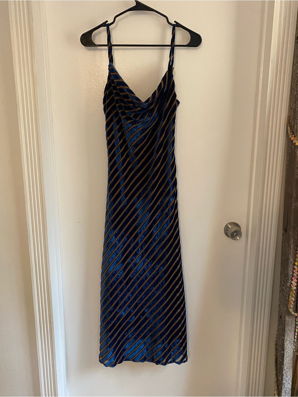 Anthropologie NWT Blue and brown/gold striped velvet slip midi dress Small